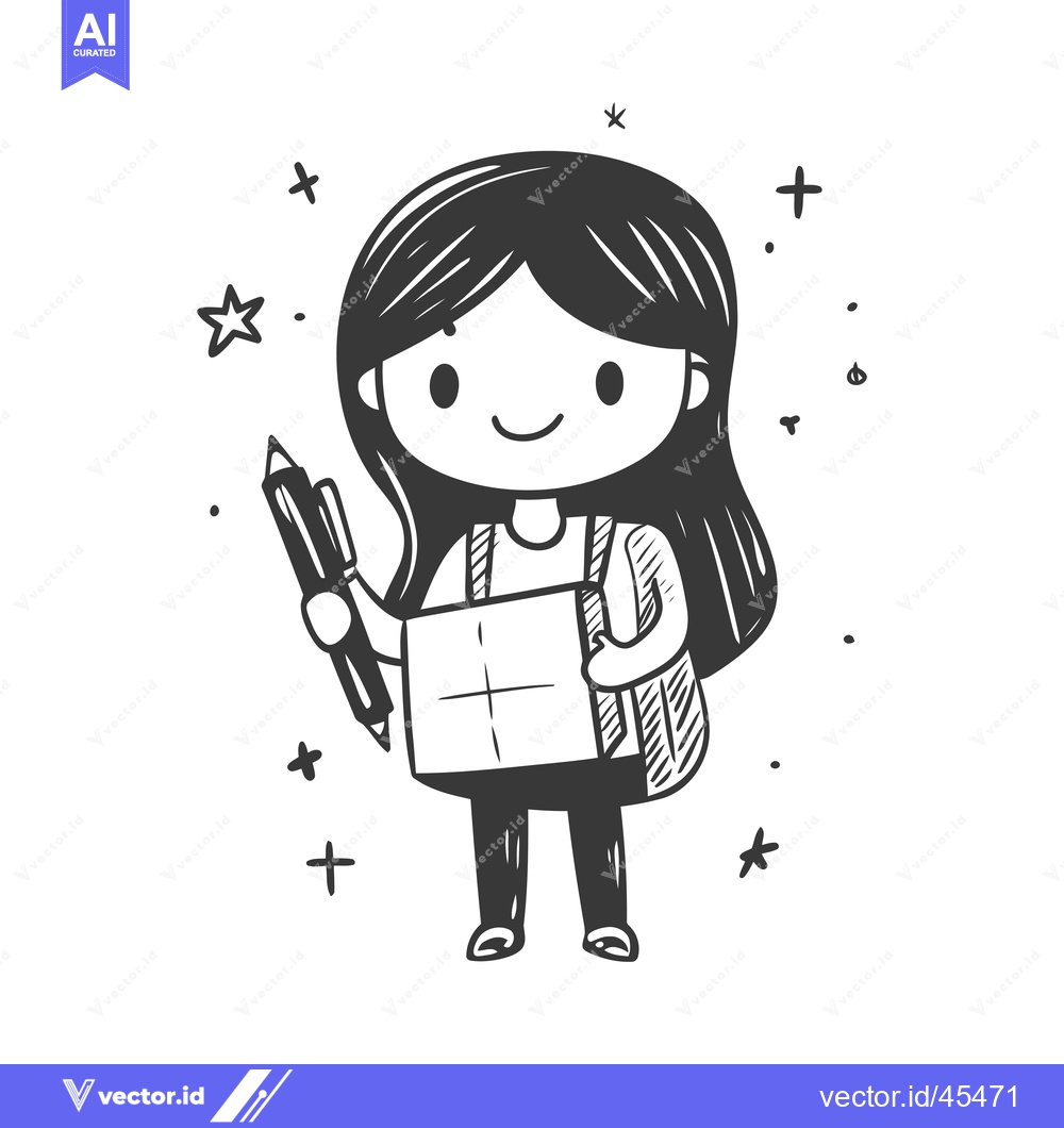 Premium Vector dari Hand-drawn illustration of a smiling girl holding a pen and a book
