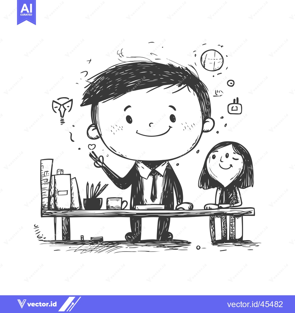 Premium Vector dari Hand-drawn illustration of a smiling man and woman sitting at a desk