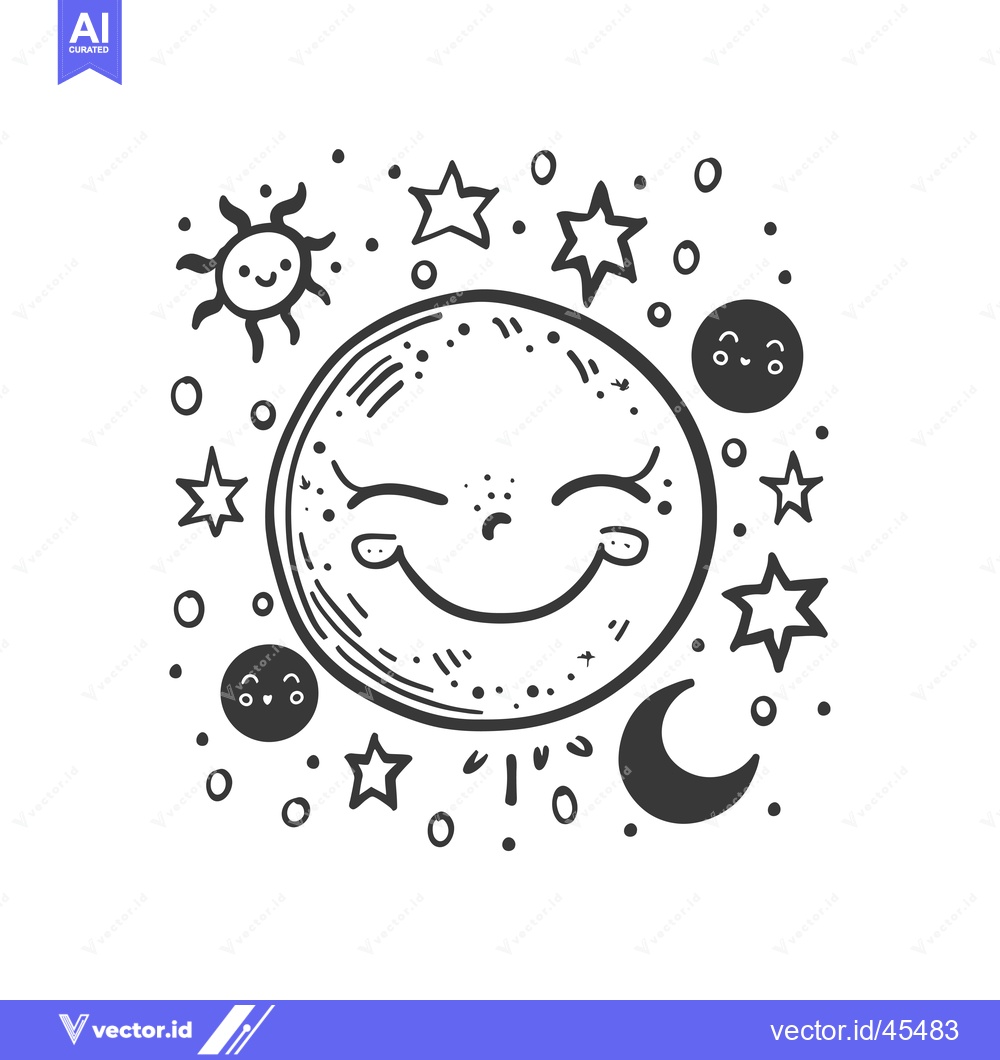 Premium Vector of Hand-drawn Illustration of a Smiling Moon Surrounded by Stars, a Sun,
