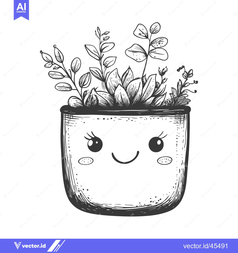 Premium Vector of Hand-drawn Illustration of a Smiling Potted Plant with Lush Greenery