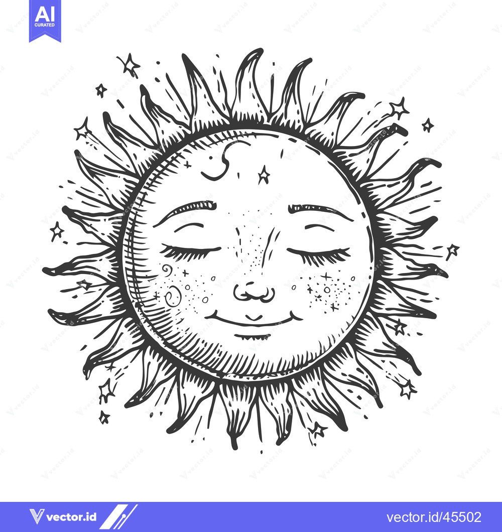 Premium Vector of Hand-drawn illustration of a smiling sun with closed eyes and a cresce