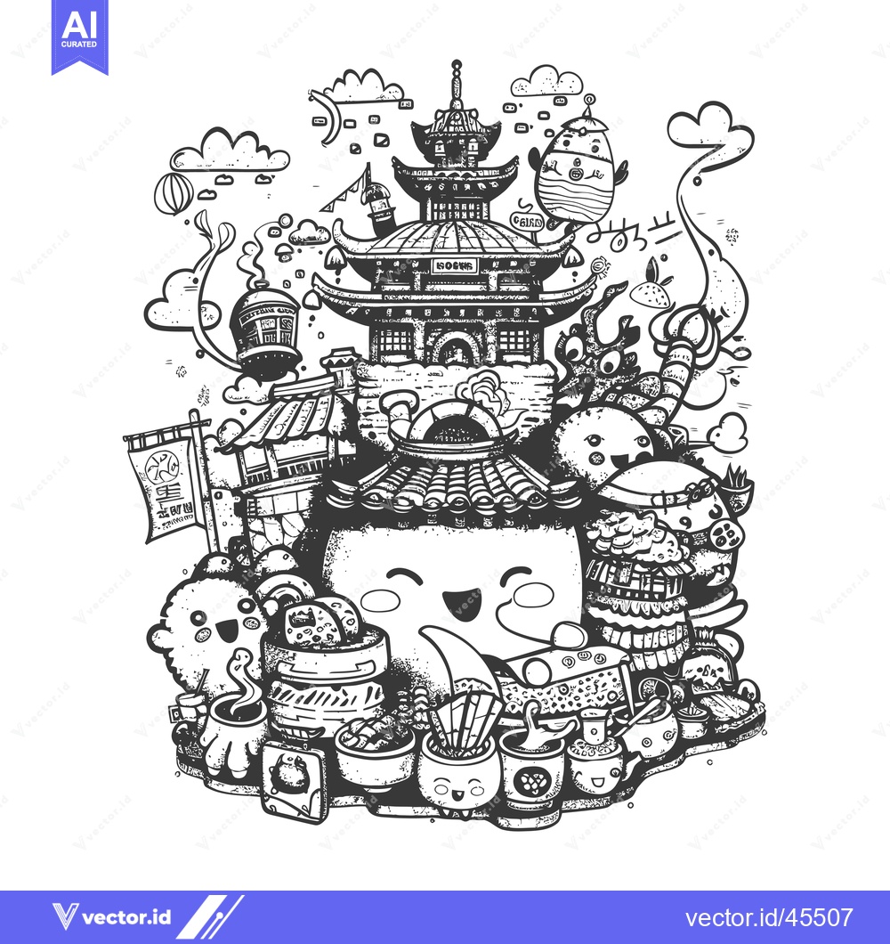Premium Vector of Hand-Drawn Illustration of a Smiling Sushi Character Surrounded by Jap