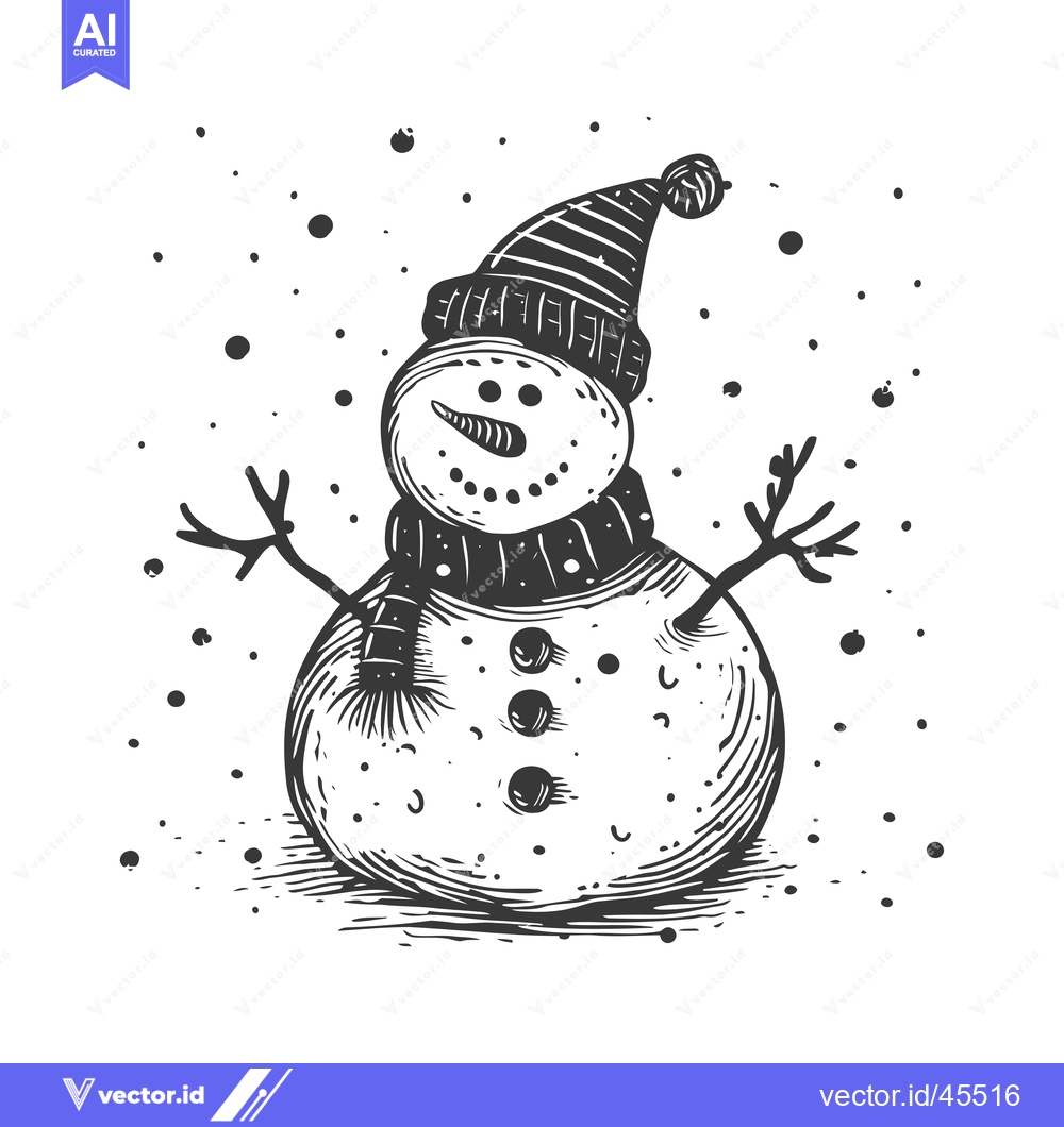 Premium Vector of Hand-drawn illustration of a snowman in a hat and scarf with snowflake