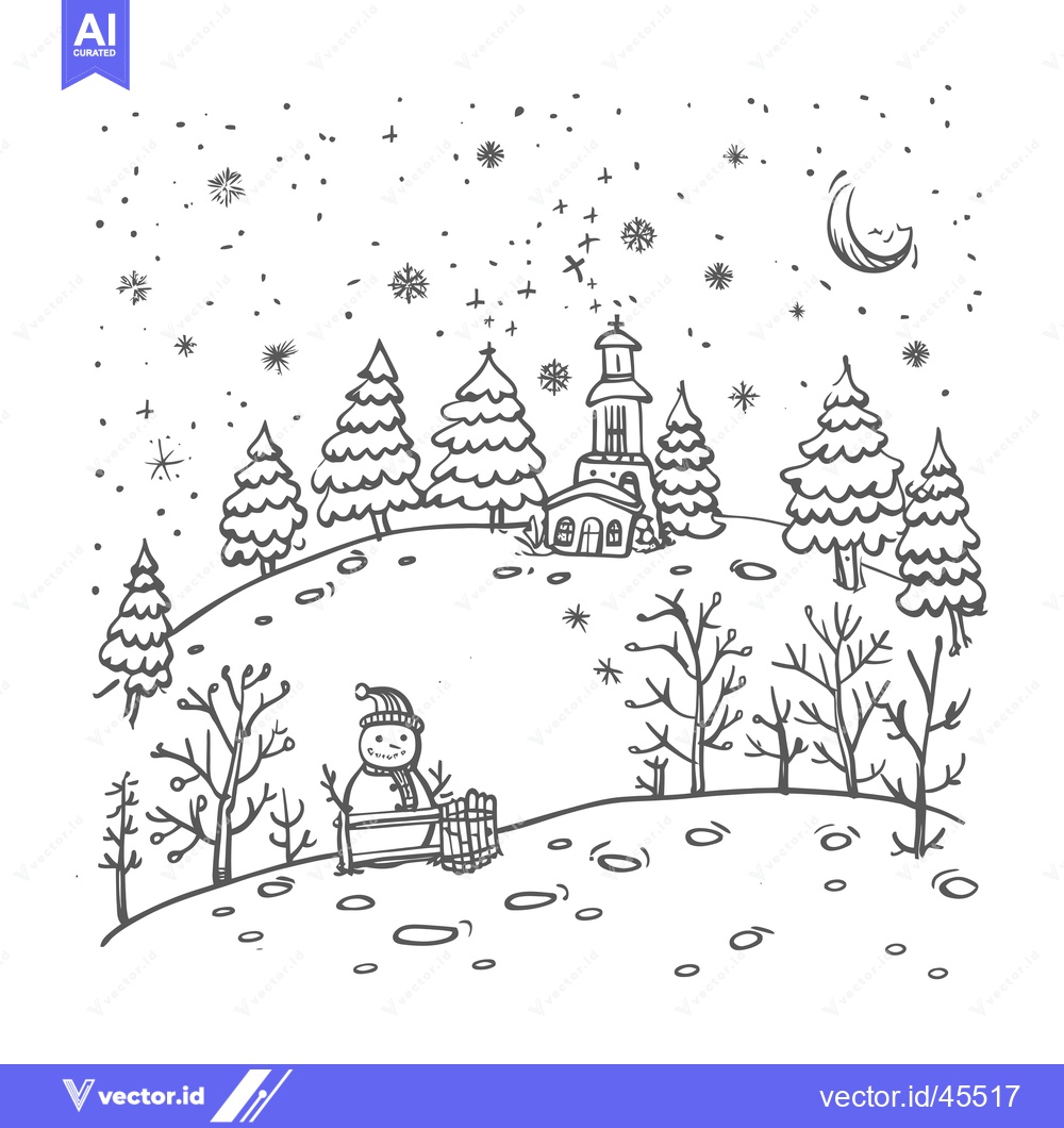 Premium Vector dari Hand-drawn illustration of a snowman in a snowy landscape with a churc