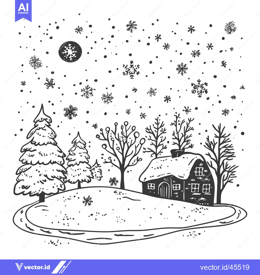 Premium Vector of Hand-drawn illustration of a snowy cottage in a wintery landscape