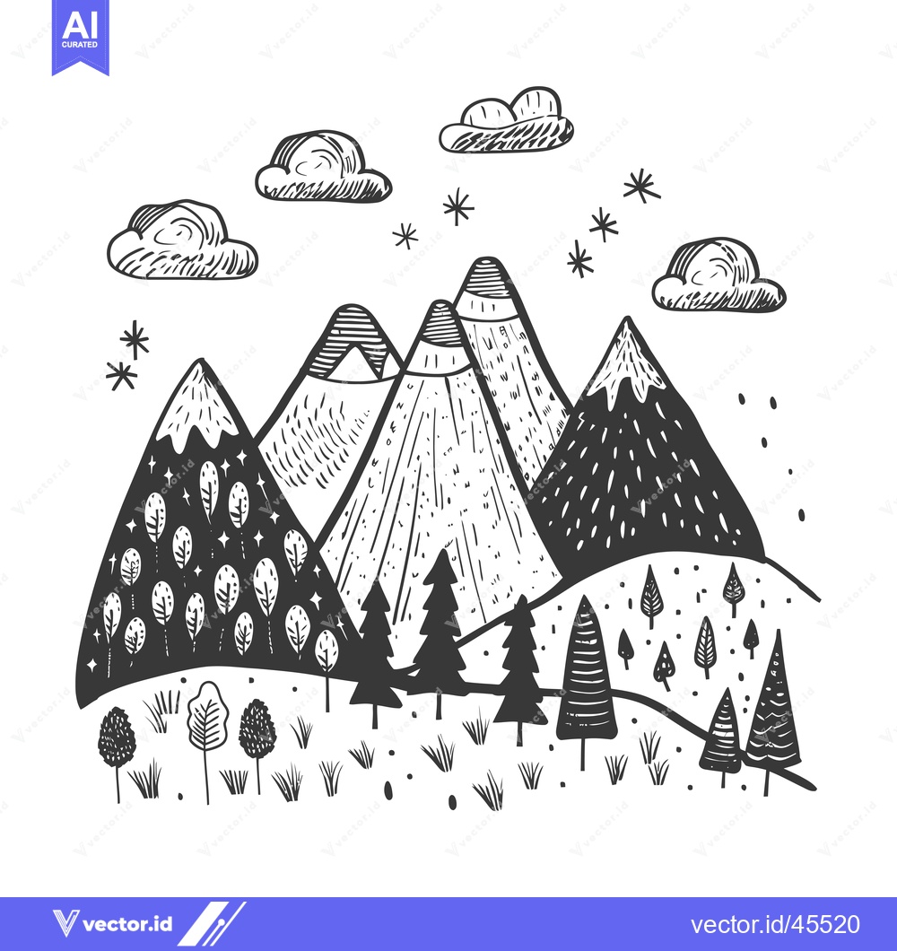 Premium Vector dari Hand-Drawn Illustration of a Snowy Mountain Landscape with Trees and C