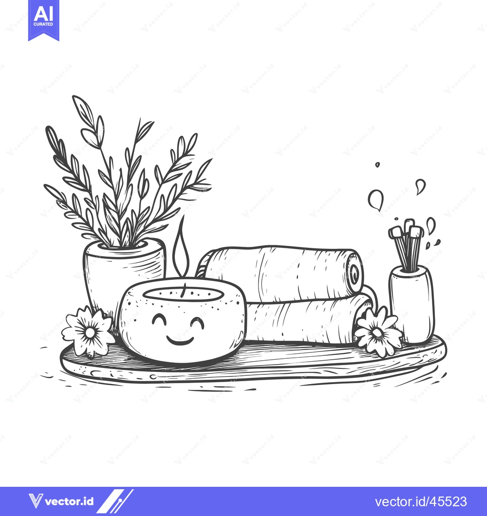 Premium Vector of Hand-Drawn Illustration of a Spa Setting with a Smiling Candle, Flower