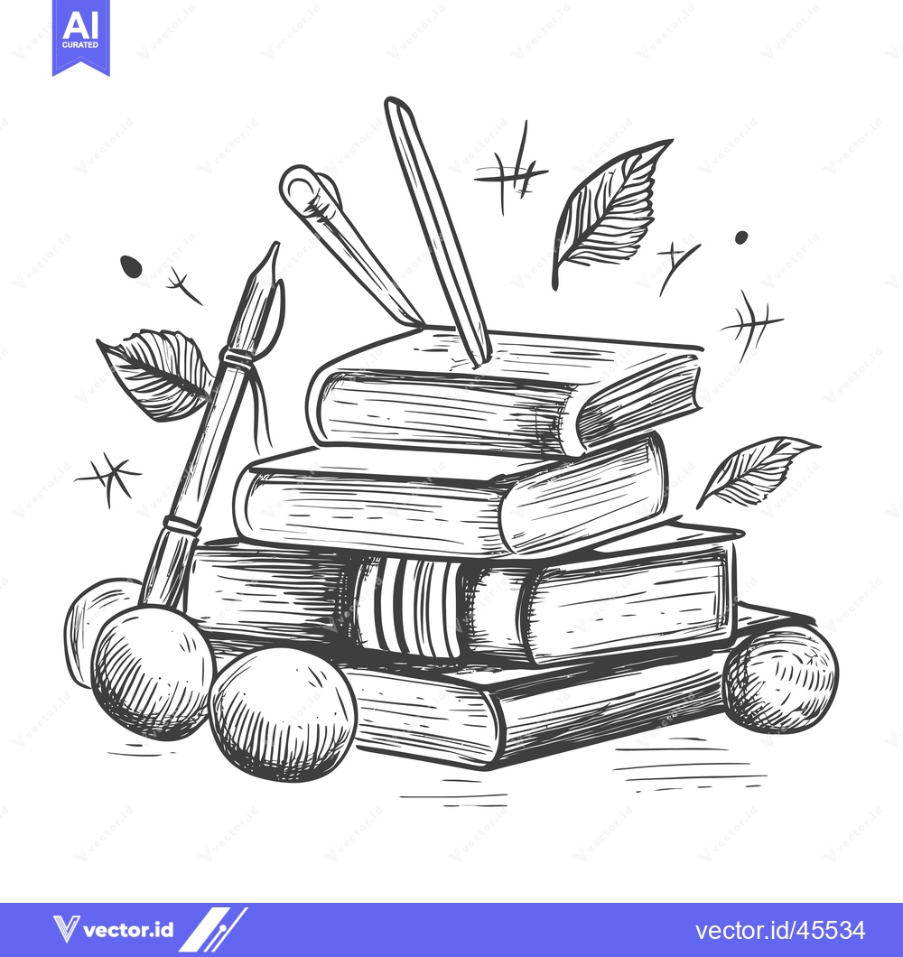 Premium Vector of Hand-drawn illustration of a stack of books, a pen, and apples