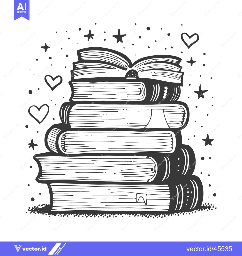 Premium Vector dari Hand-drawn illustration of a stack of books with a bookmark and stars