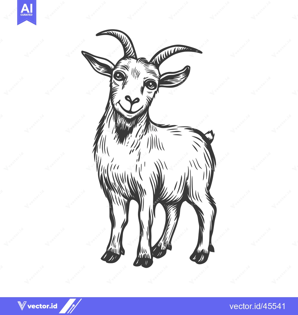 Premium Vector of Hand-drawn Illustration of a Standing Goat with Curved Horns