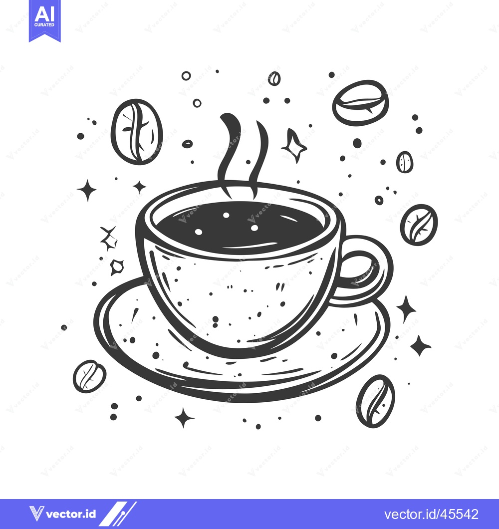 Premium Vector dari Hand-drawn illustration of a steaming cup of coffee with coffee beans