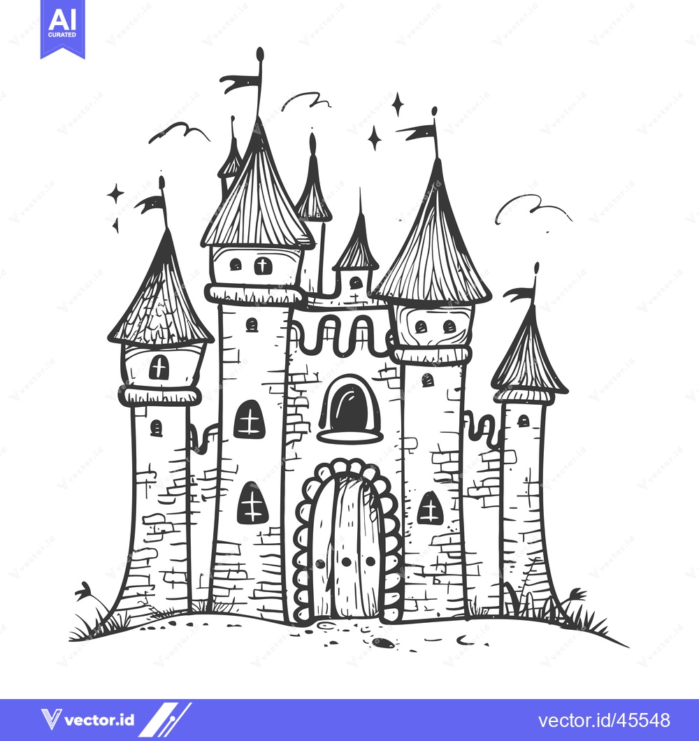 Premium Vector of Hand-drawn Illustration of a Stone Castle with Multiple Towers and Fla