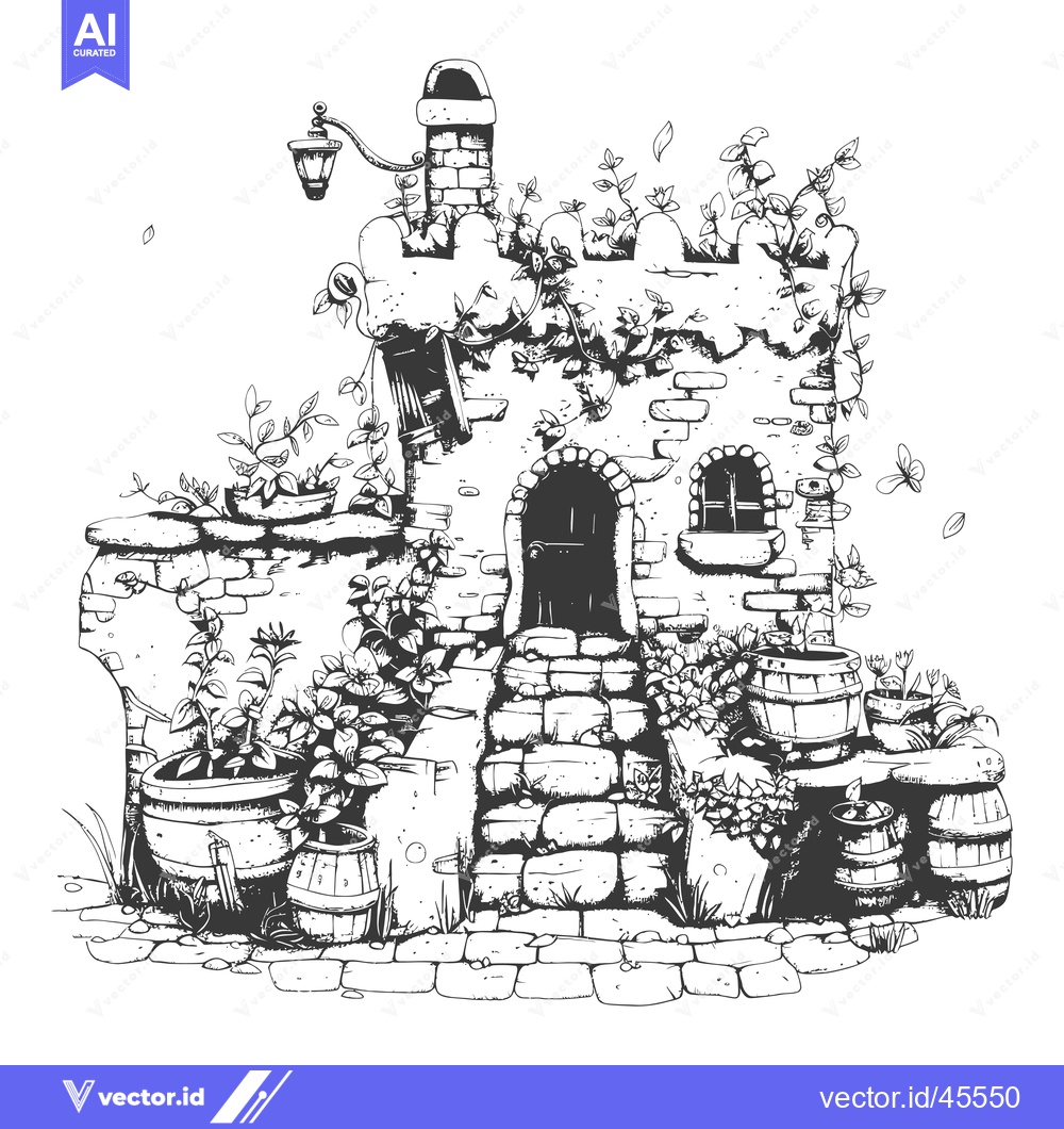 Premium Vector dari Hand-drawn Illustration of a Stone Cottage with a Brick Pathway and Ba
