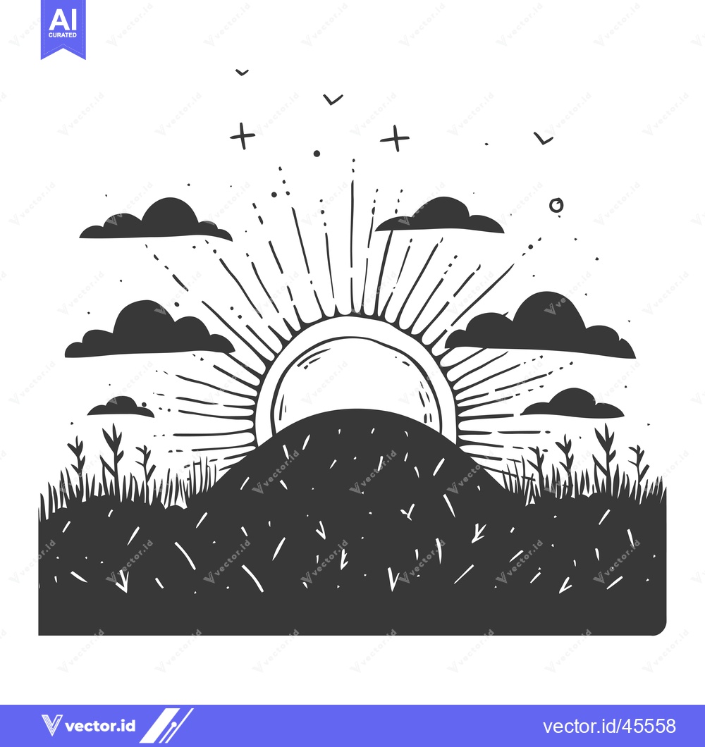 Premium Vector dari Hand-drawn illustration of a sun rising over a hill with clouds and gr