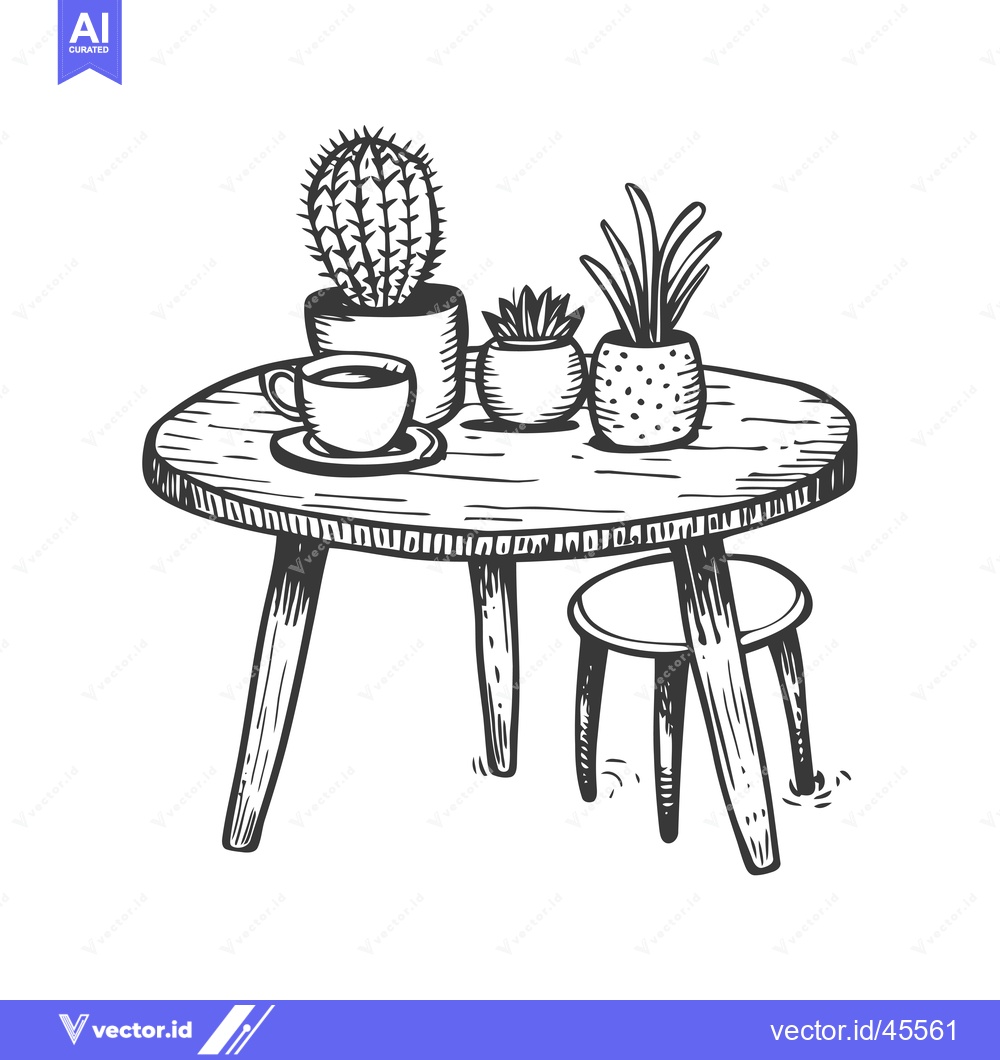 Premium Vector of Hand-Drawn Illustration of a Table with Plants and a Cup of Coffee