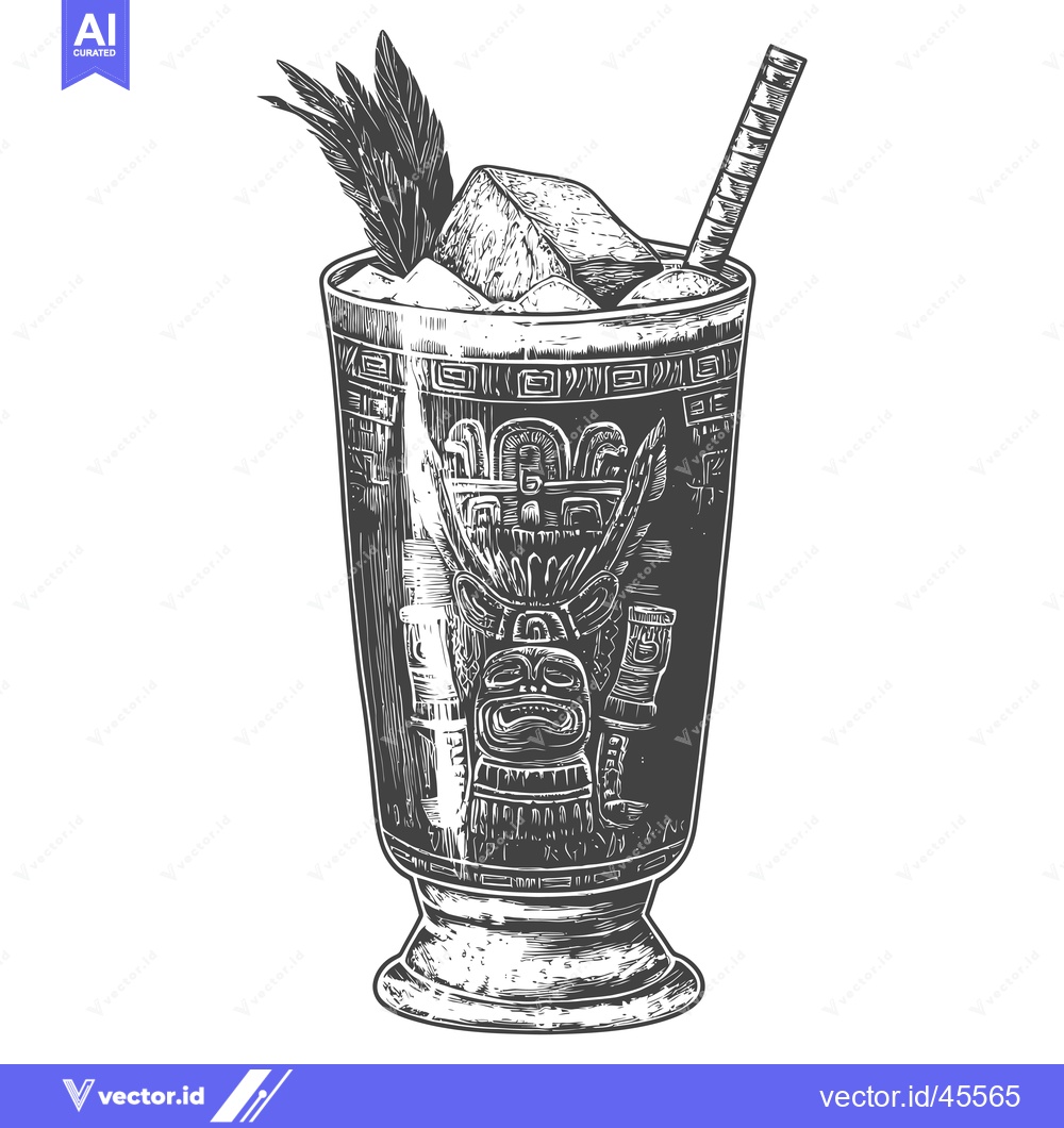 Premium Vector of Hand-drawn Illustration of a Tiki Cocktail with a Straw and Garnish