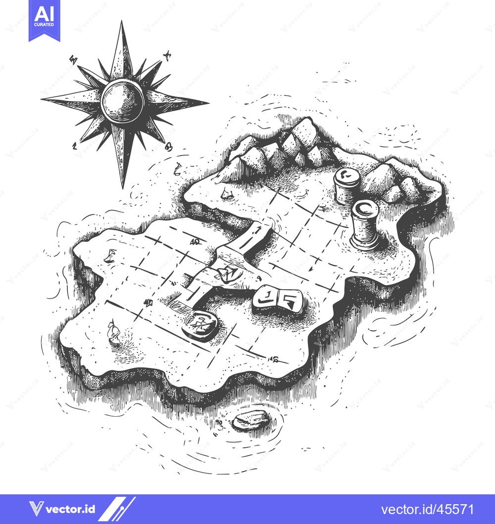 Premium Vector dari Hand-Drawn Illustration of a Treasure Island with a Compass and a Grid