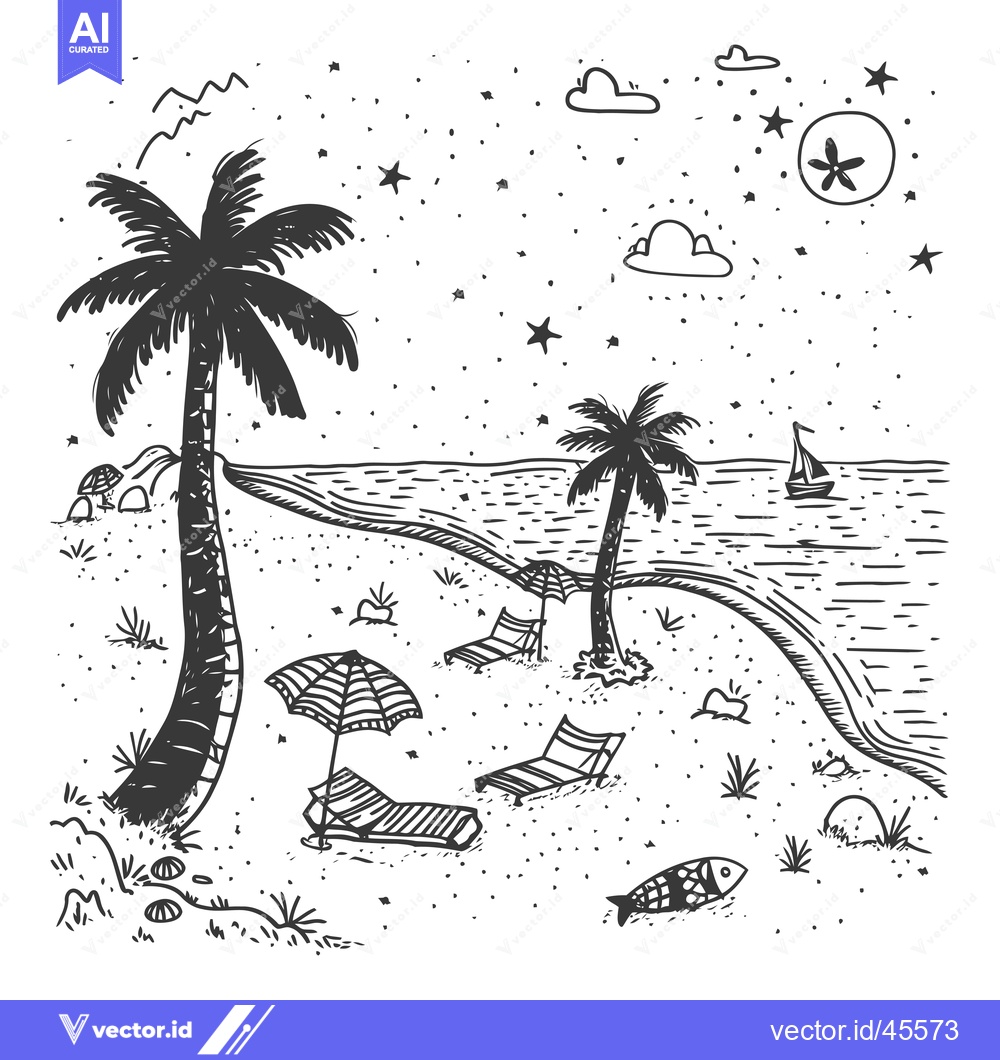 Premium Vector of Hand-Drawn Illustration of a Tropical Beach at Night with Palm Trees,