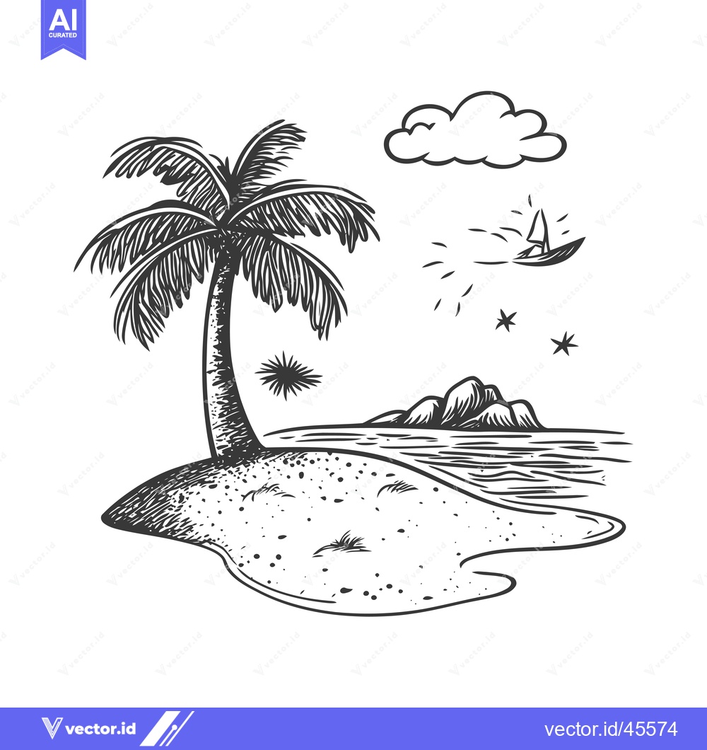 Premium Vector dari Hand-Drawn Illustration of a Tropical Island with a Palm Tree, Boat, a