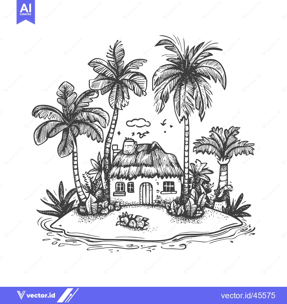 Premium Vector of Hand-drawn illustration of a tropical island with a thatched-roof cott