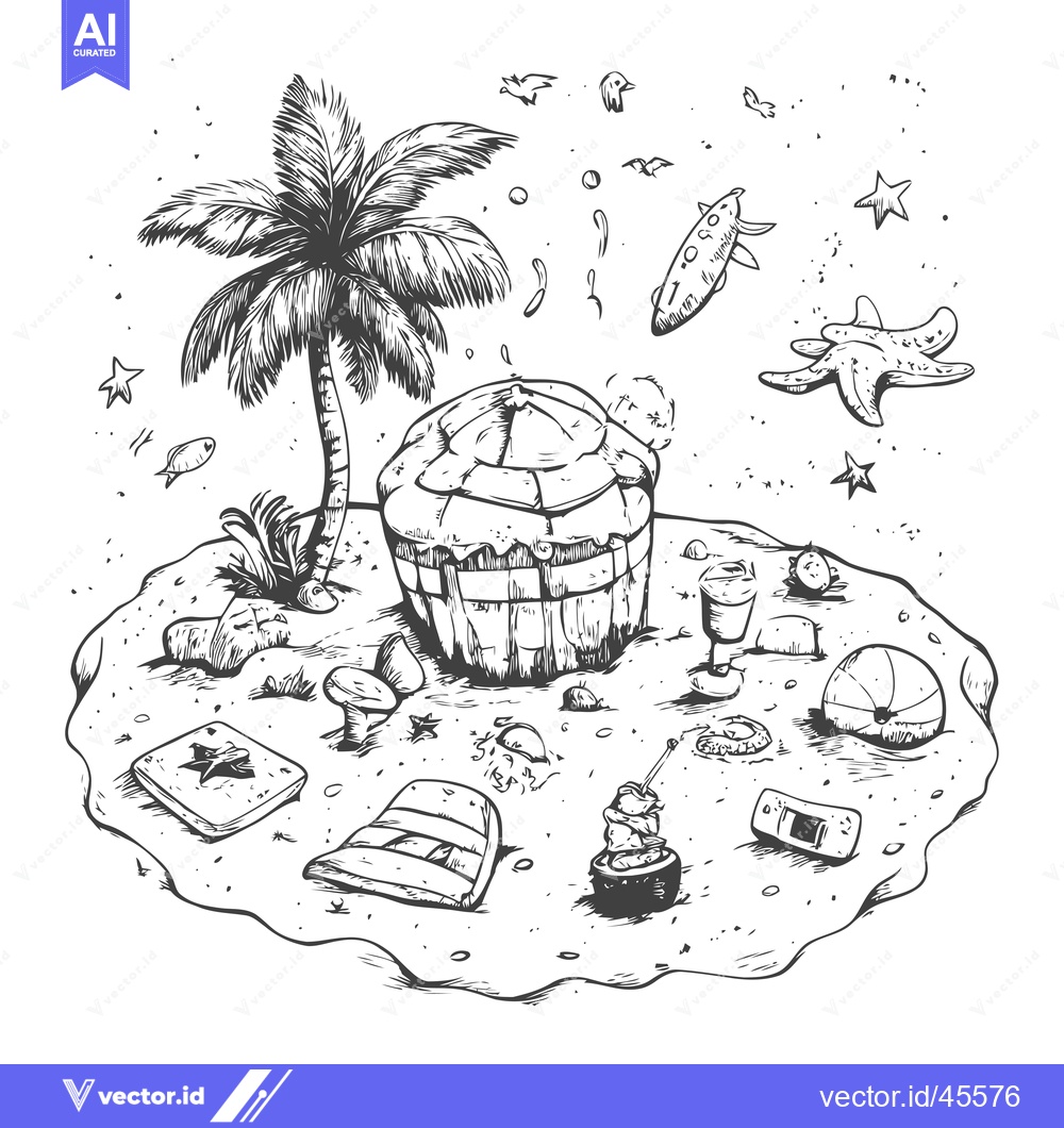 Premium Vector of Hand-drawn illustration of a tropical island with palm trees, a hut, a