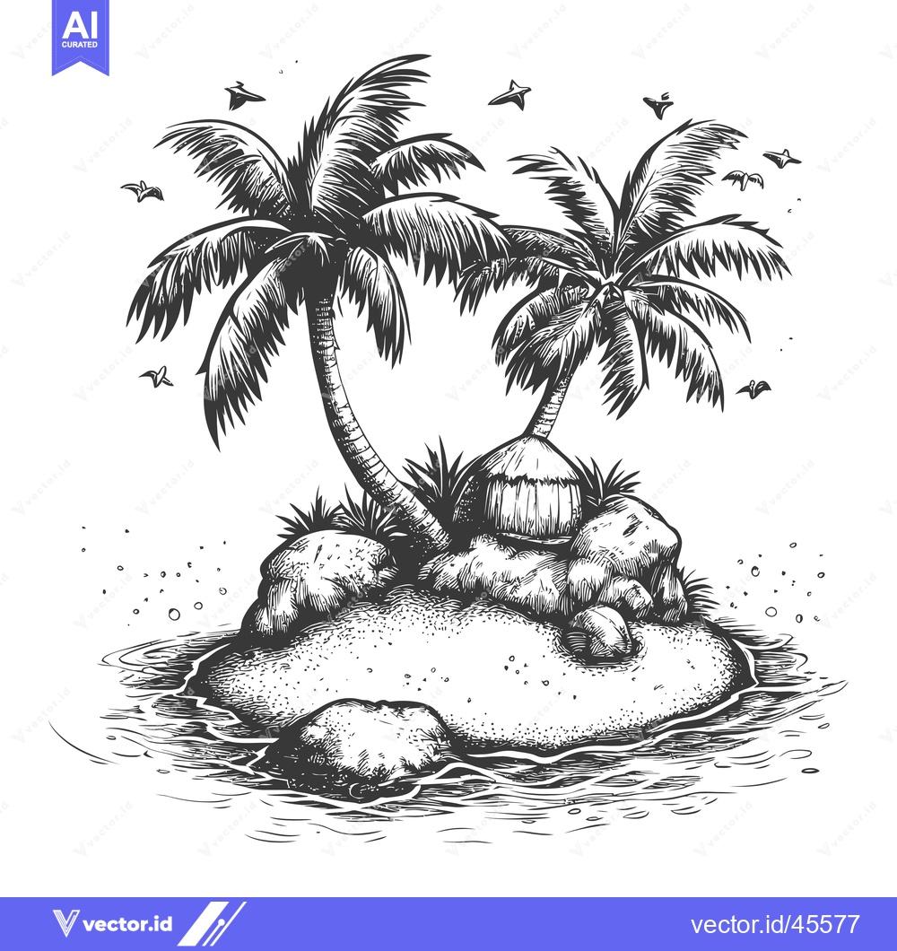 Premium Vector of Hand-drawn illustration of a tropical island with palm trees, a hut, r