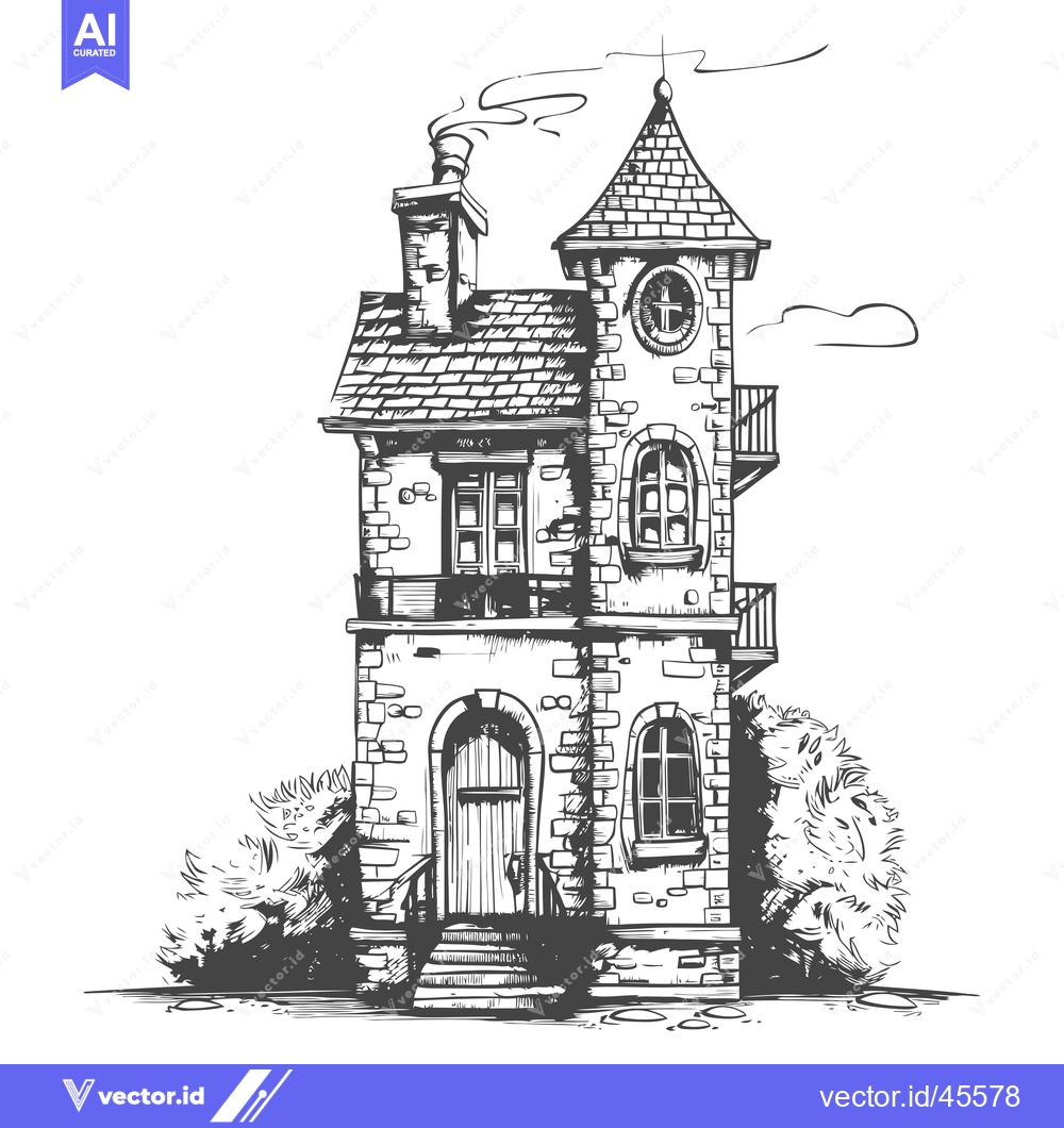 Premium Vector of Hand-drawn illustration of a two-story brick house with a tower, a chi