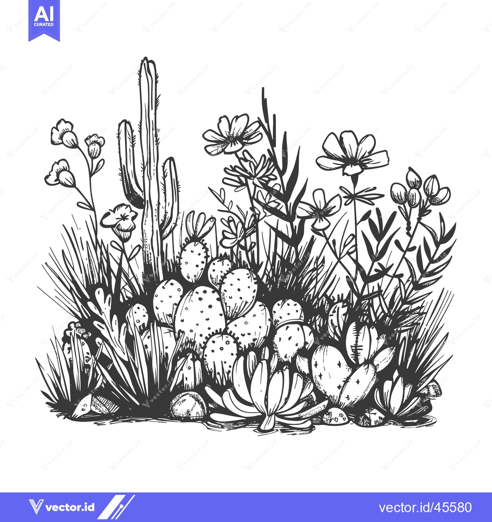 Premium Vector of Hand-Drawn Illustration of a Variety of Desert Plants and Flowers