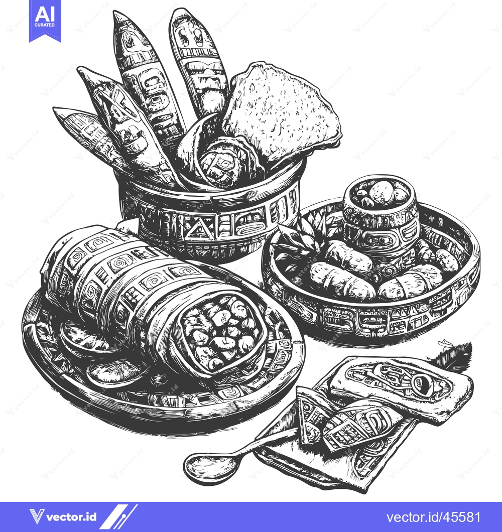 Premium Vector dari Hand-drawn Illustration of a Variety of Dishes Served in Ornate Bowls