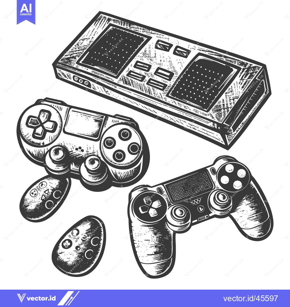 Premium Vector dari Hand-Drawn Illustration of a Vintage Console and Three Game Controller