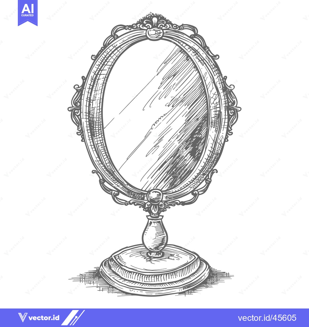Premium Vector dari Hand-drawn illustration of a vintage oval mirror with an ornate frame