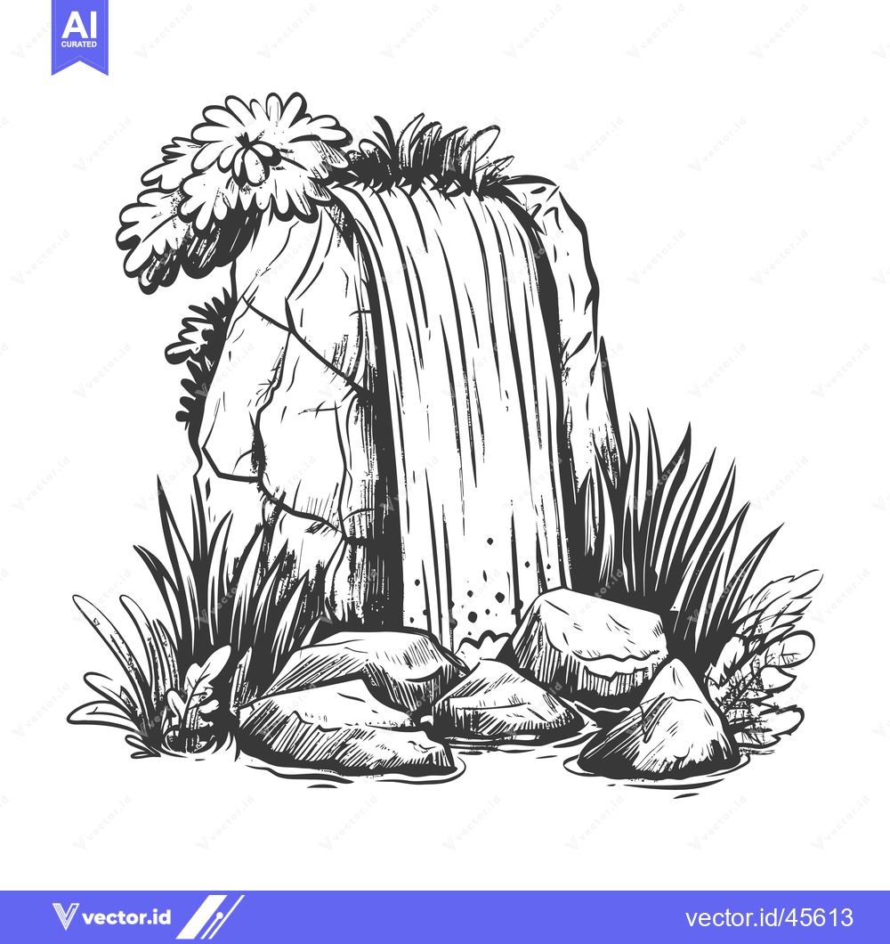 Premium Vector of Hand-drawn illustration of a waterfall flowing over rocks with surroun