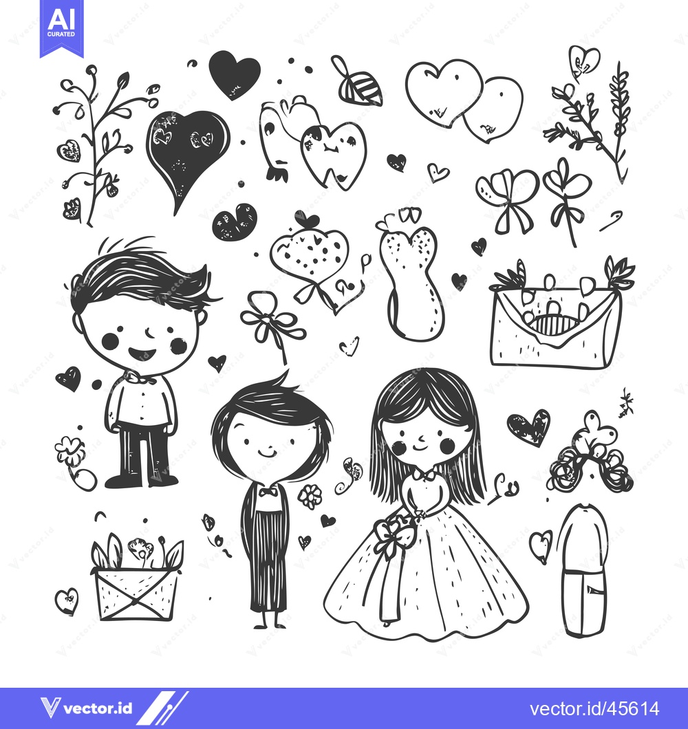 Premium Vector dari Hand-Drawn Illustration of a Wedding Couple with Hearts and Flowers