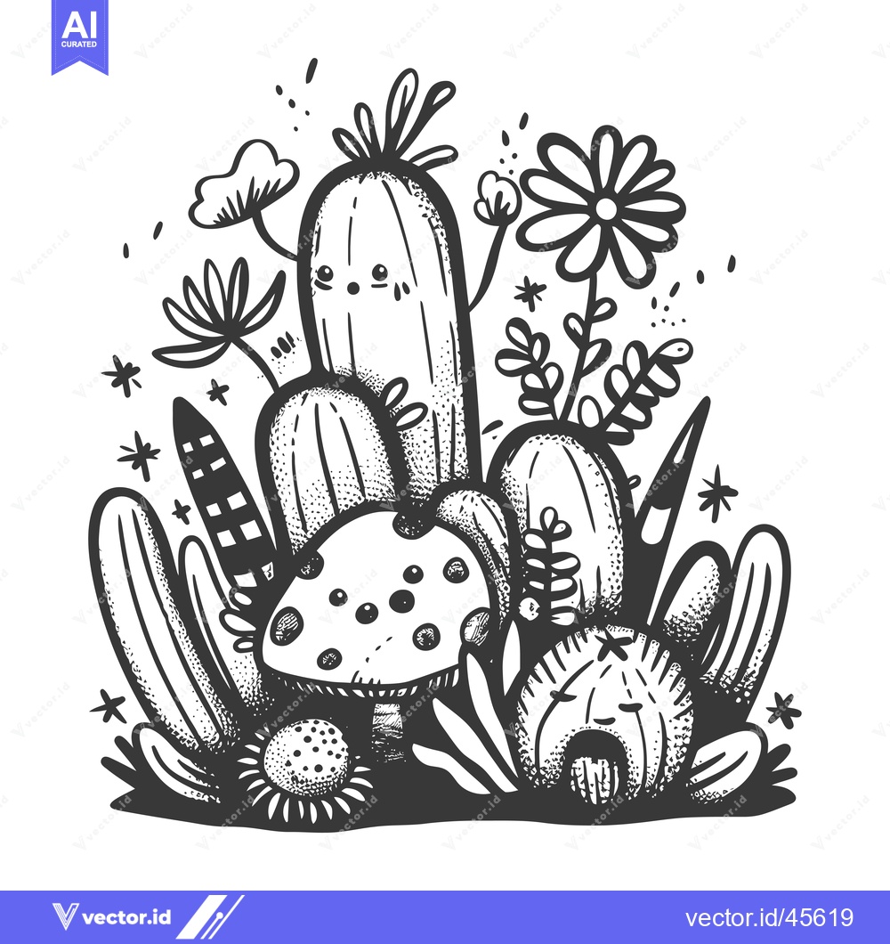 Premium Vector of Hand-drawn illustration of a whimsical cactus garden with a mushroom a