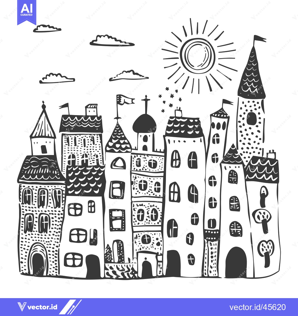 Premium Vector of Hand-drawn illustration of a whimsical cityscape with buildings, a sun