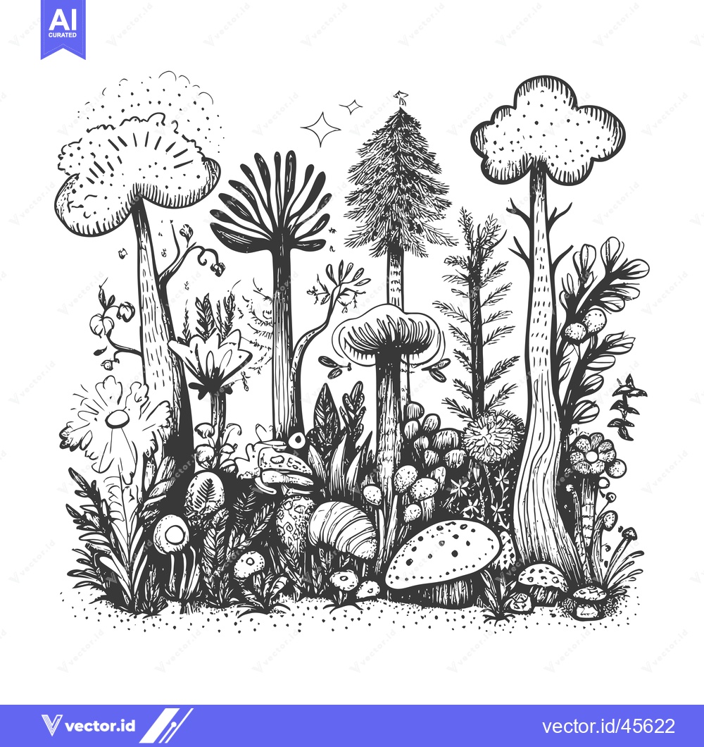 Premium Vector of Hand-Drawn Illustration of a Whimsical Forest with Mushrooms and Trees