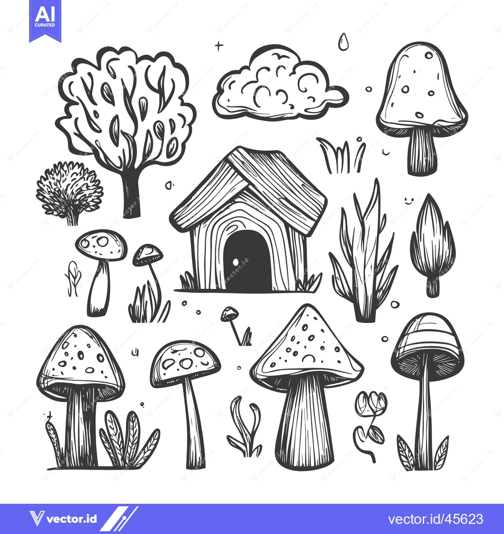 Premium Vector dari Hand-drawn illustration of a whimsical forest with mushrooms, trees, a