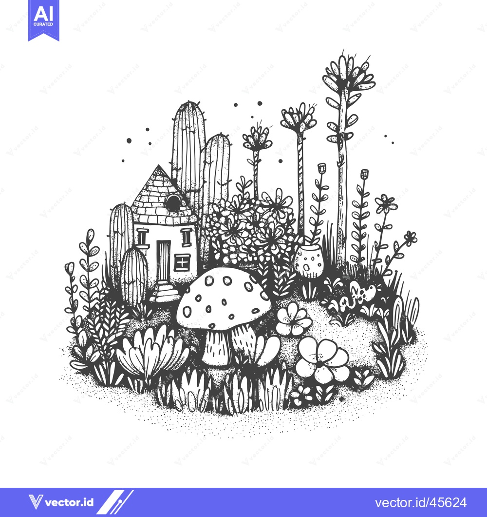 Premium Vector of Hand-Drawn Illustration of a Whimsical Garden with a Tiny House, Cactu