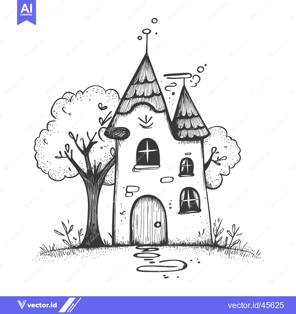 Premium Vector dari Hand-drawn illustration of a whimsical house with a tree and a path in