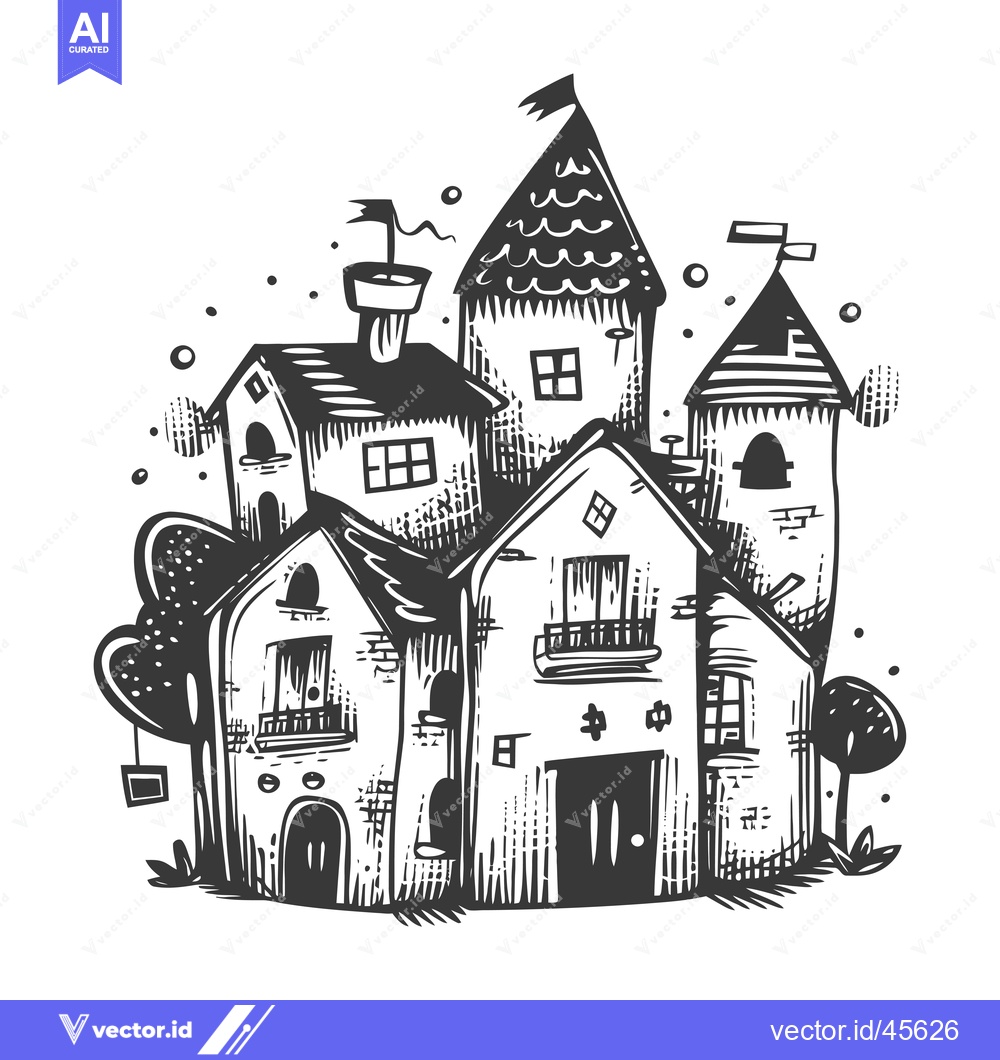 Premium Vector of Hand-Drawn Illustration of a Whimsical, Multi-Story Building with Towe