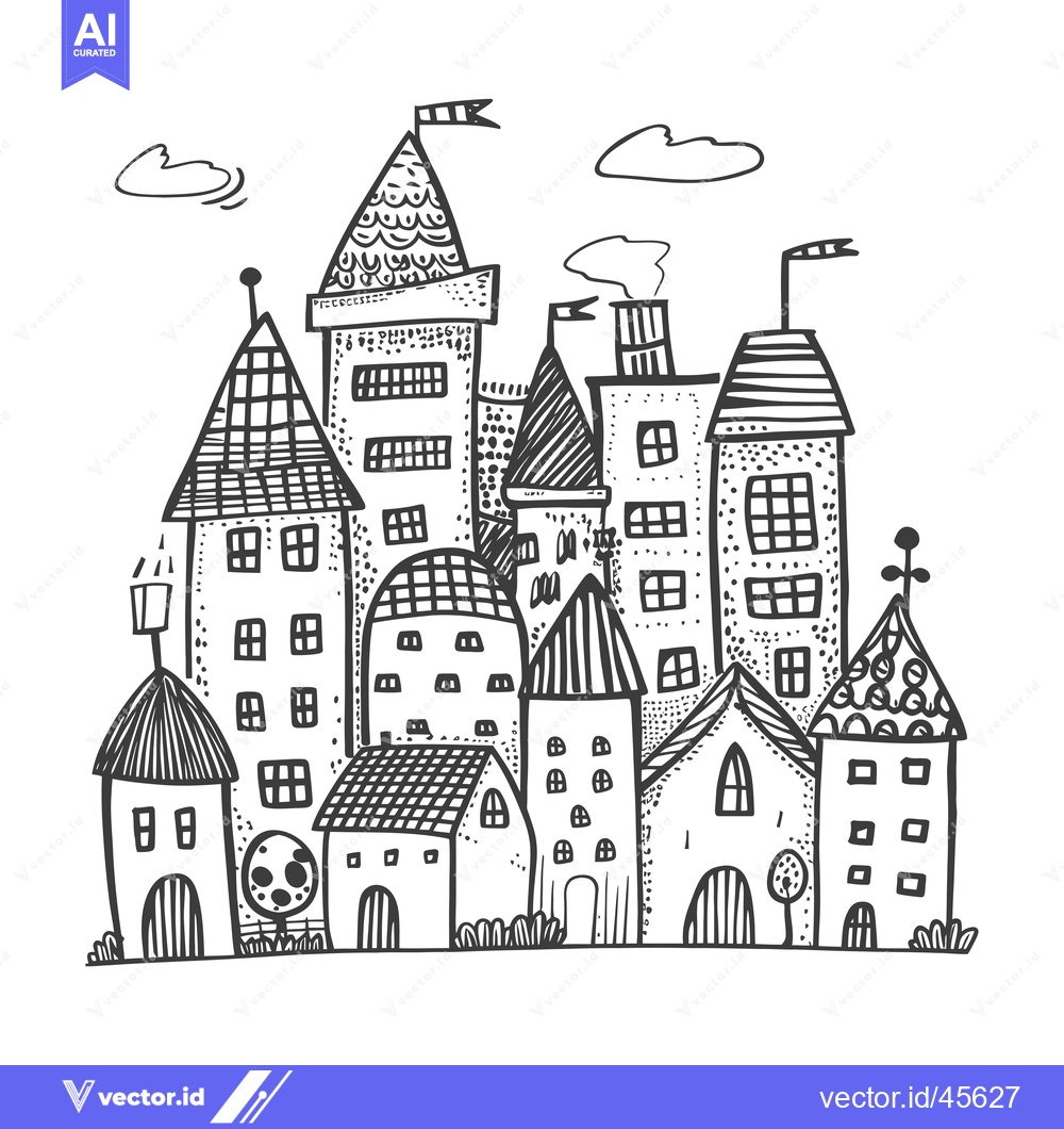 Premium Vector dari Hand-Drawn Illustration of a Whimsical Town with Multiple Buildings