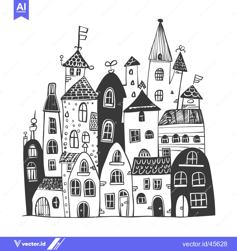 Premium Vector dari Hand-Drawn Illustration of a Whimsical Town with Unique Buildings