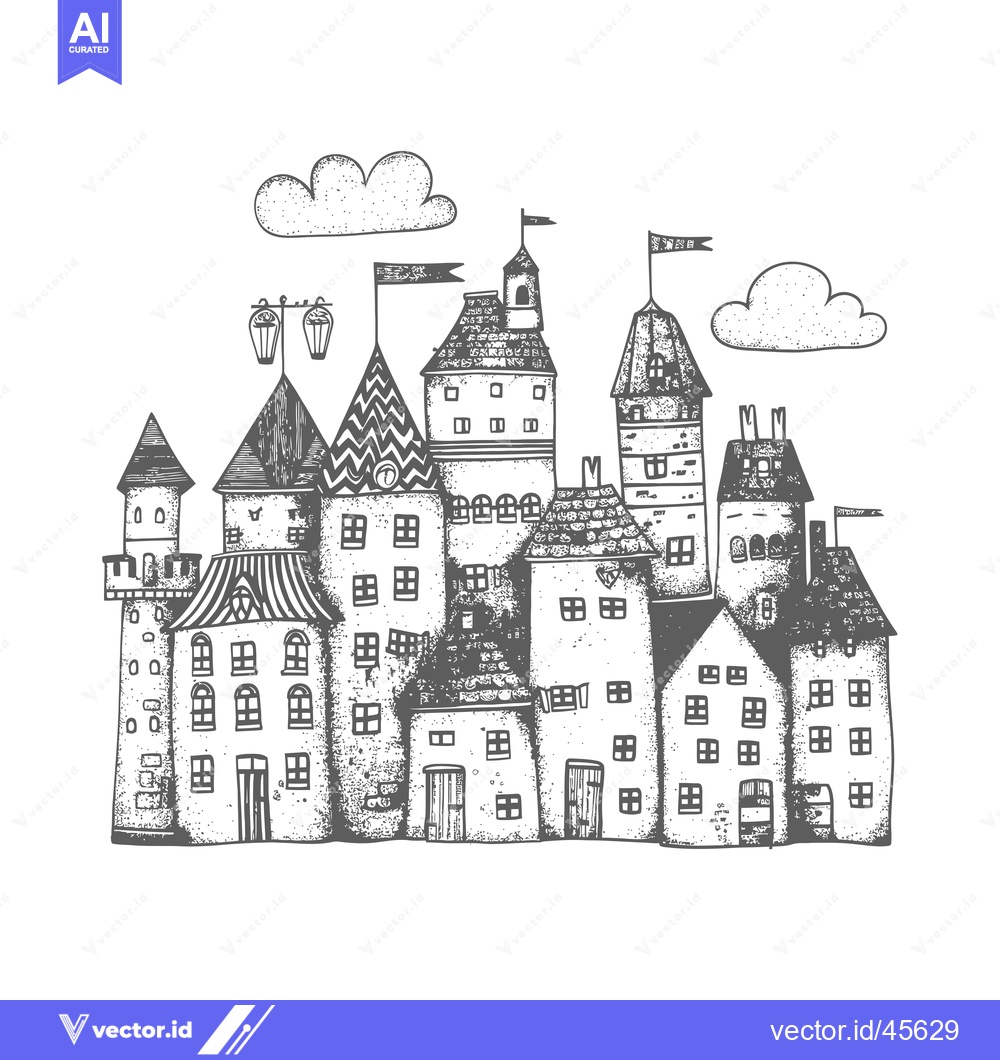 Premium Vector of Hand-drawn illustration of a whimsical village with houses, towers, an