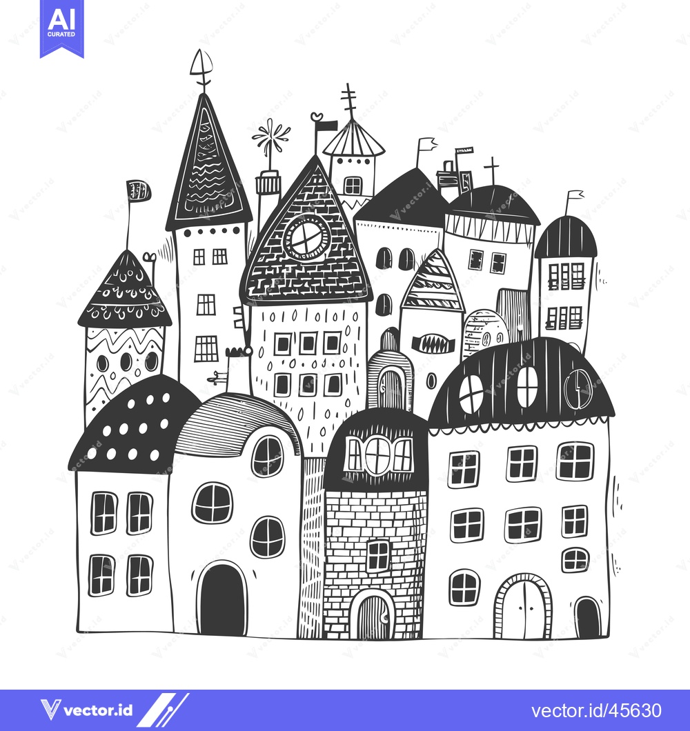 Premium Vector dari Hand-drawn Illustration of a Whimsical Village with Various Buildings