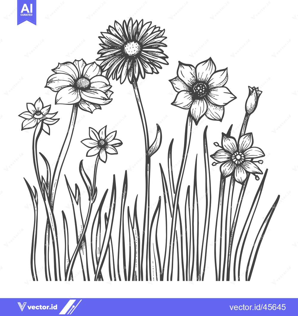 Premium Vector dari Hand-Drawn Illustration of a Wildflower Patch with Five Flowers and Ta