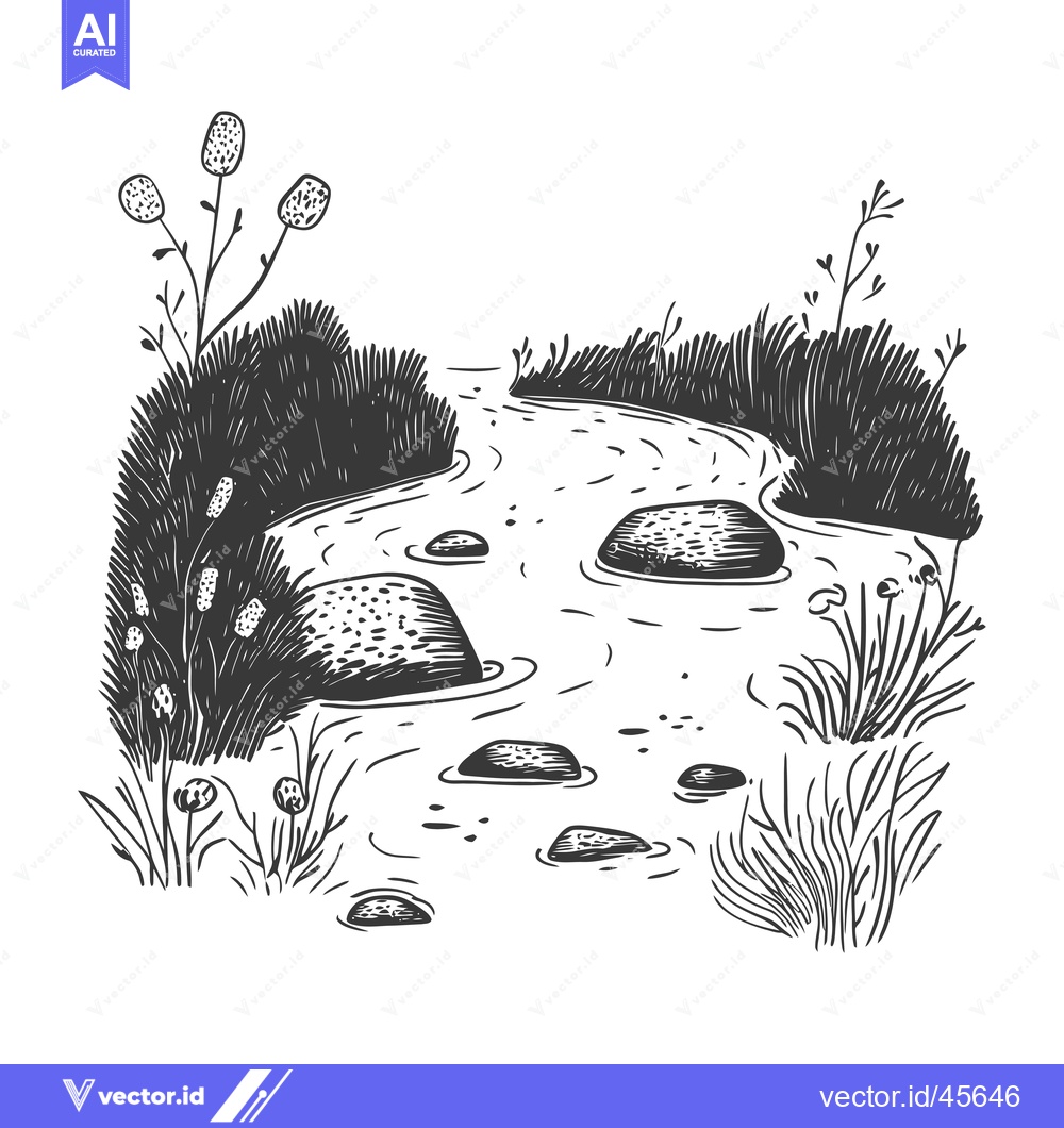 Premium Vector dari Hand-drawn illustration of a winding creek with rocks and grass