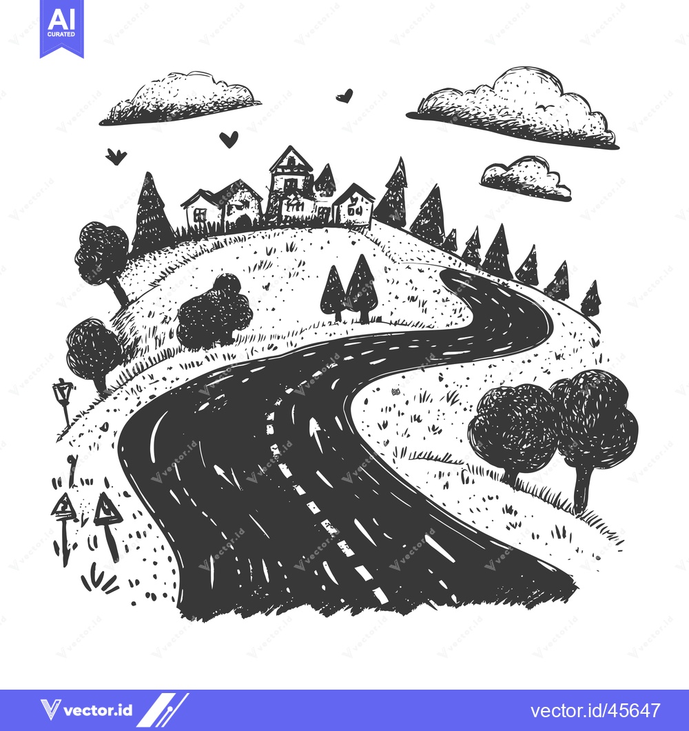 Premium Vector of Hand-drawn illustration of a winding road leading to a small village o