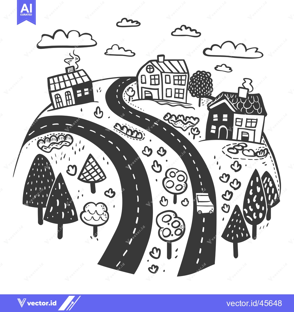 Premium Vector dari Hand-drawn illustration of a winding road through a small village with
