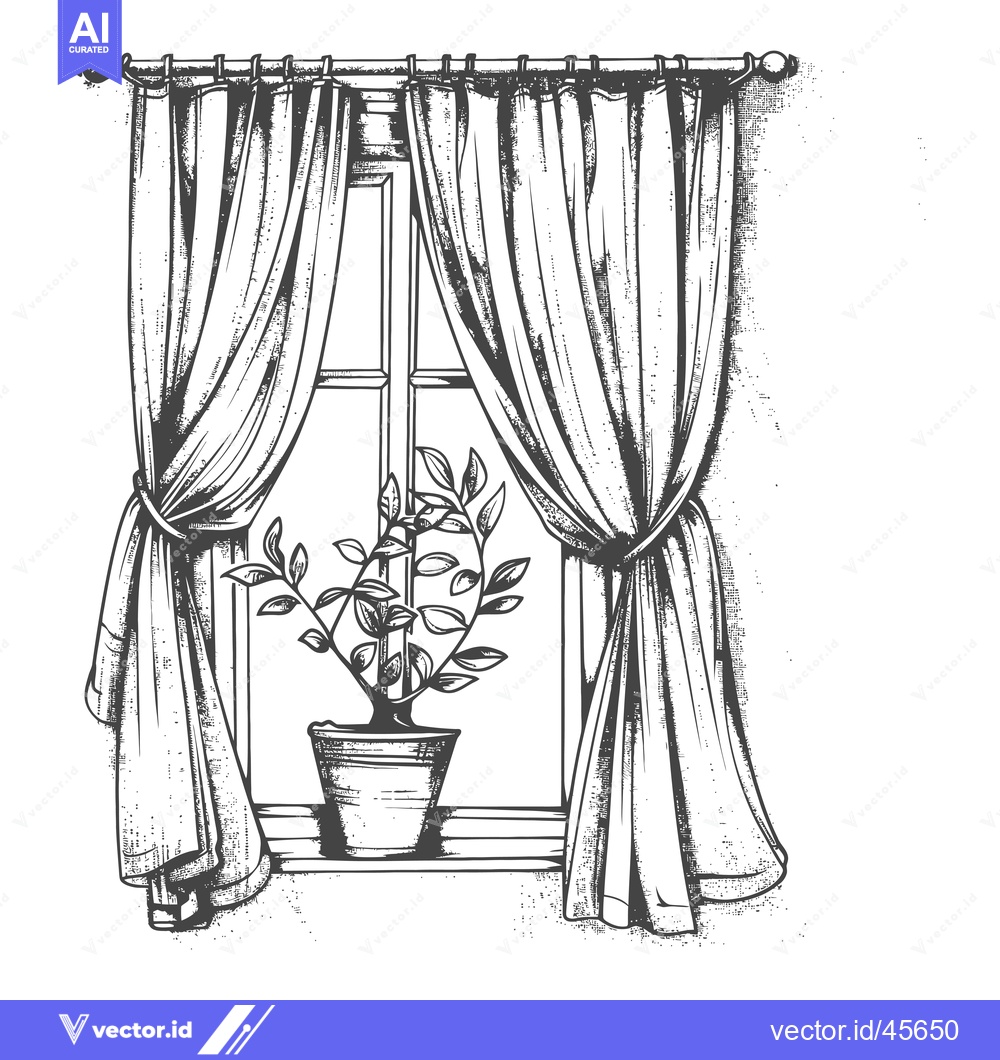 Premium Vector dari Hand-Drawn Illustration of a Window with Curtains and a Plant in a Pot