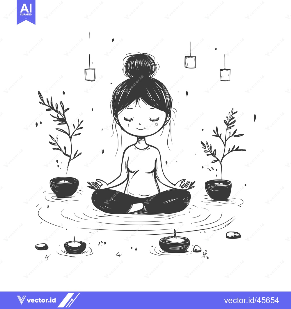 Premium Vector of Hand-drawn illustration of a woman meditating in a peaceful setting wi